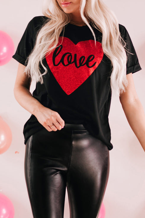 Black Love Heart Shaped Glitter Print Short Sleeve T Shirt